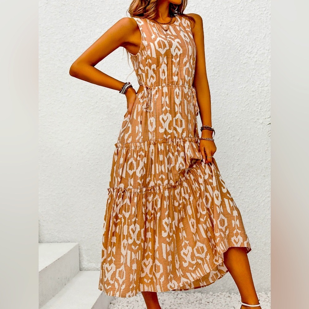 Cut out printed round neck, sleeveless dress